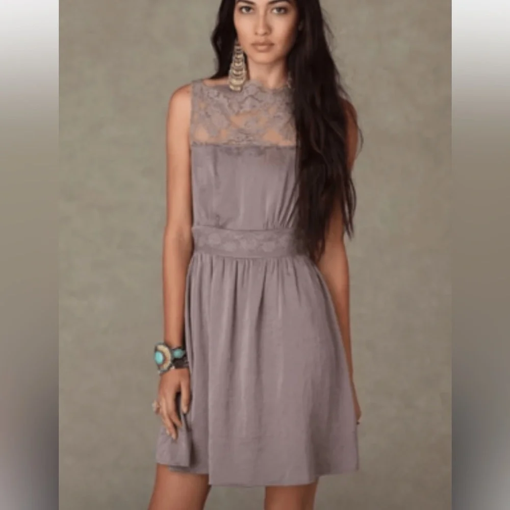Free People Gray Lace Open Side Mini Dress Boho Sleeveless Festival